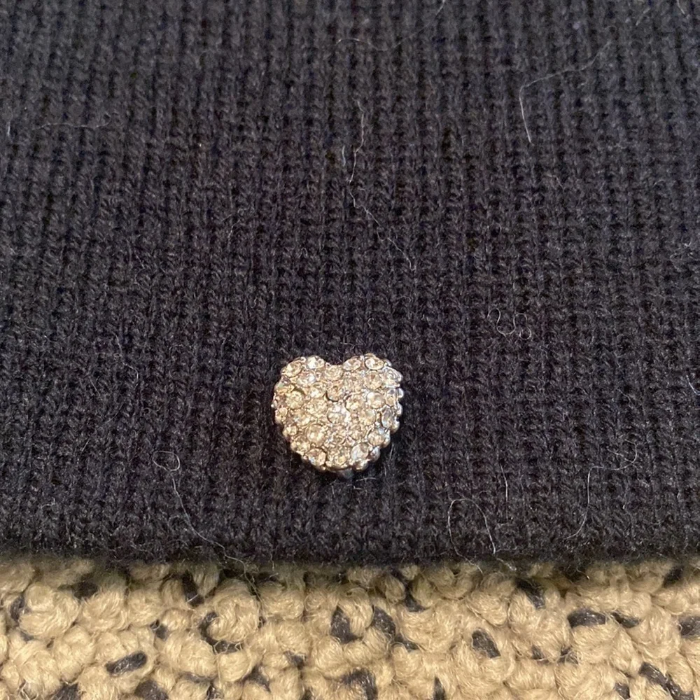 NWOT Inspired Leather Patch Knit Black Beanie with Rhinestone Heart